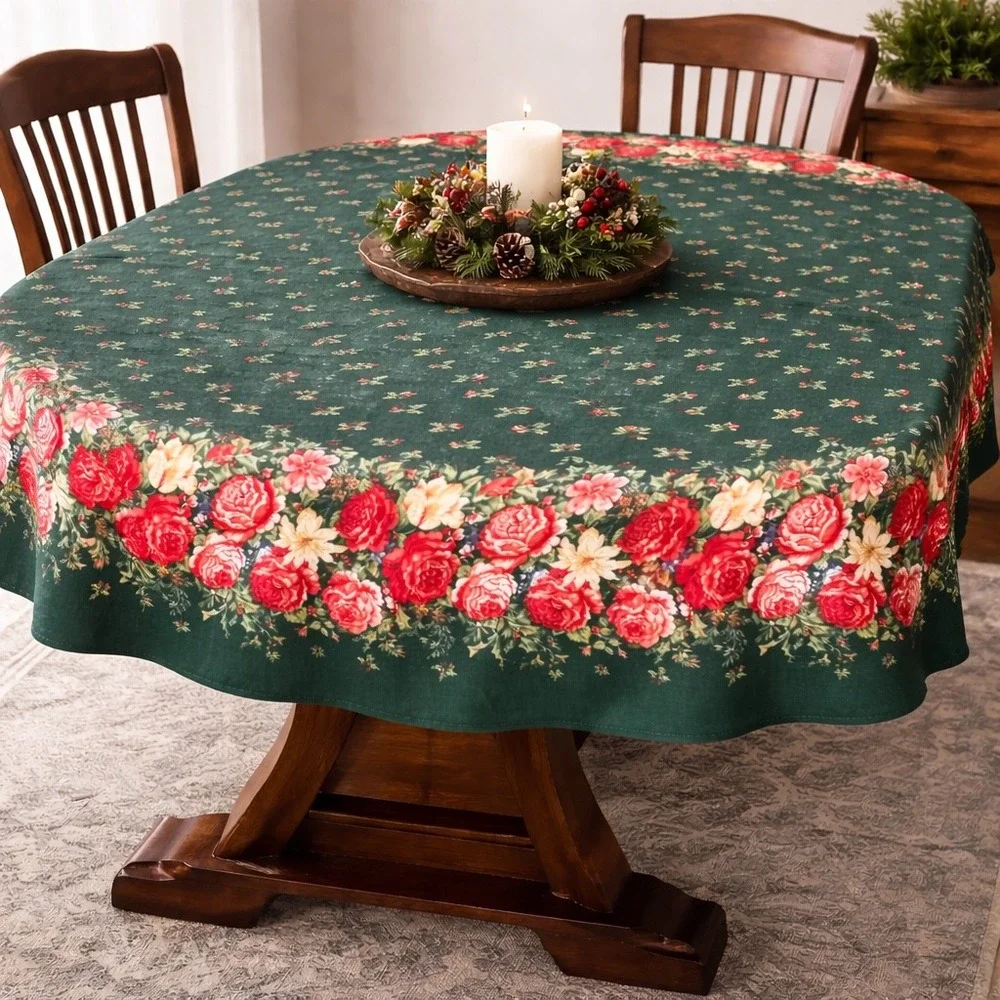 Vintage Christmas Oval Tablecloth Green Red Roses Holly Floral 69x51.5 Holiday